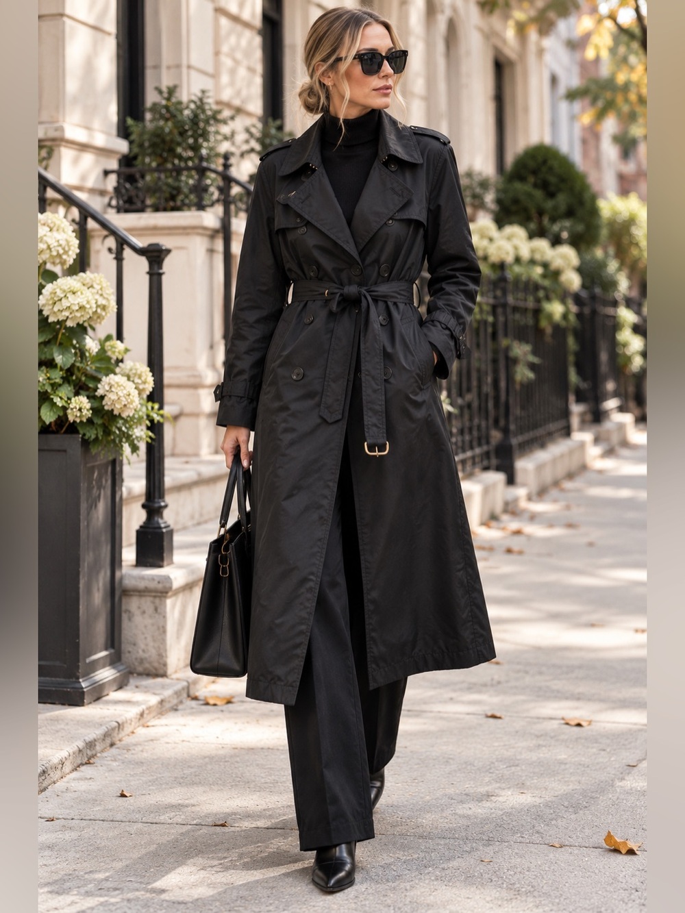 Banana Republic Womens L Black Nylon Trench Coat Belted Double Breasted Raincoat